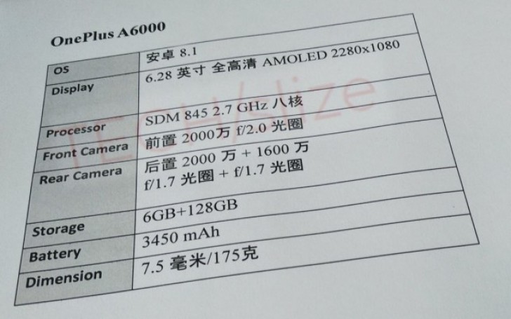 OnePlus A6 specs sheet leaked