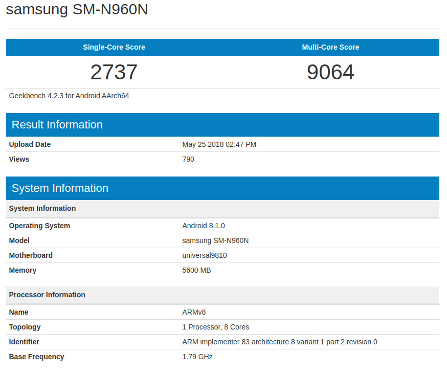 Samsung Galaxy Note 9 Geekbench leaked specs