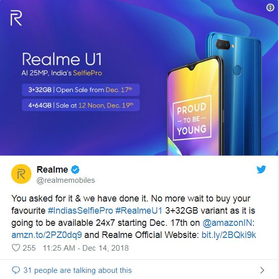 Realme U1 open sale willstart
