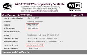 Samsung Galaxy J7 (2017) received WiFi certification