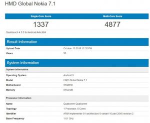 Nokia 7.1 reveals at Geekbench