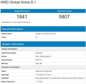 Nokia 8.1 spotted at Geekbench